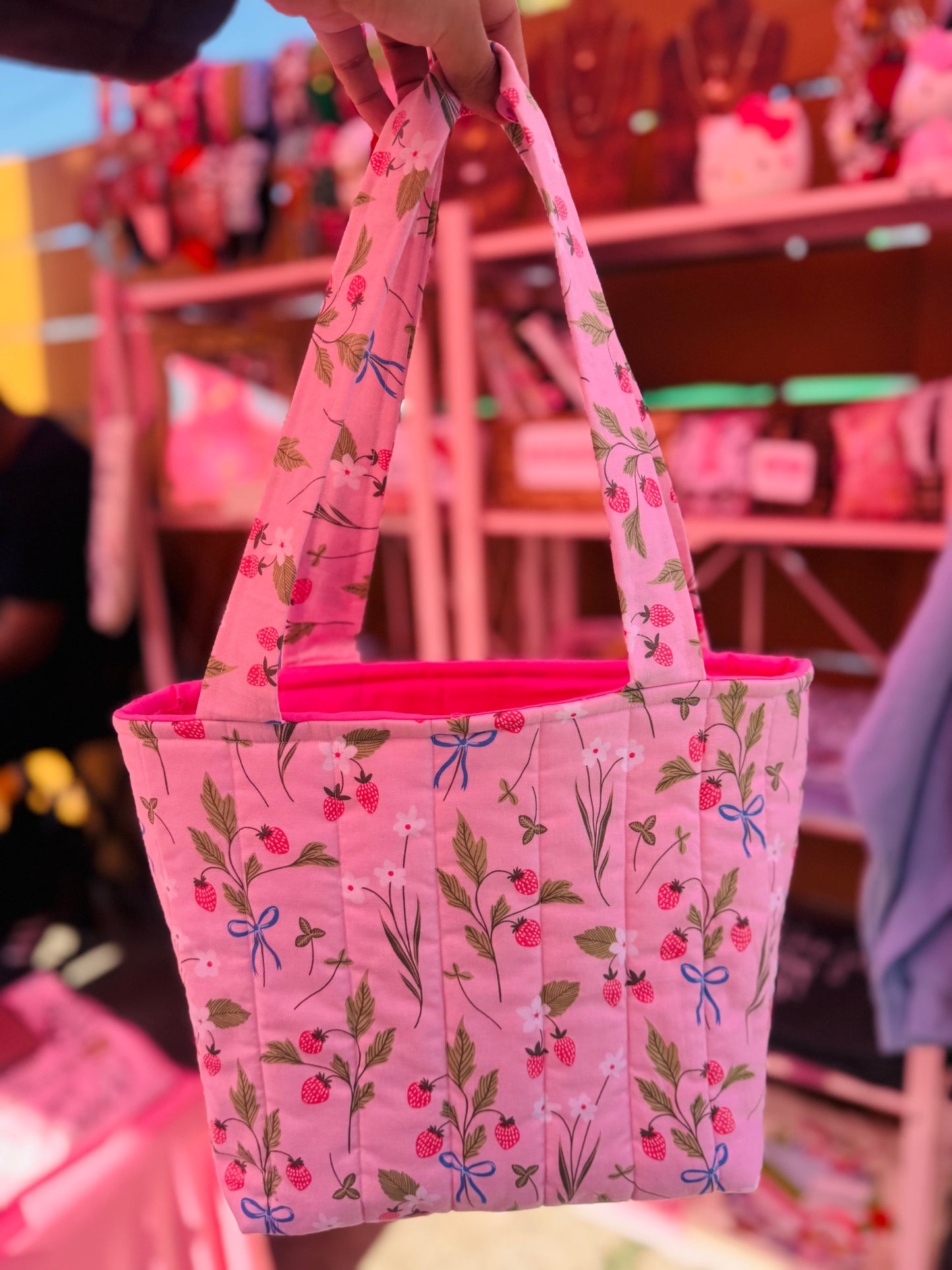 Strawberry floral quilted tote (with bow)