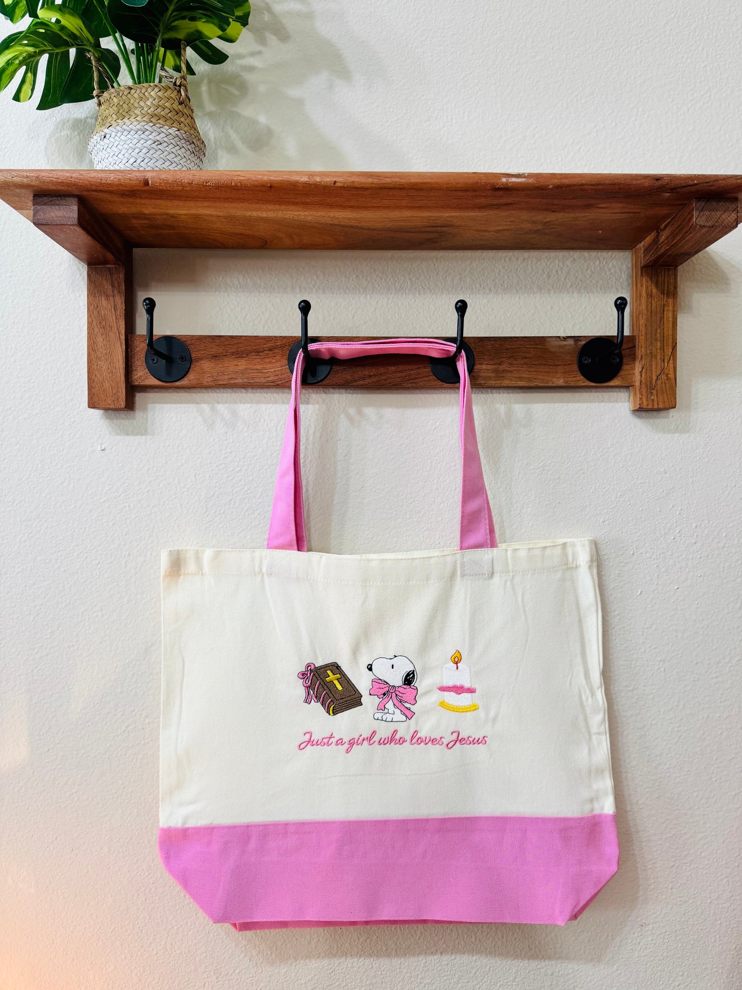 Just a girl who loves Jesus snoopy embroidered tote