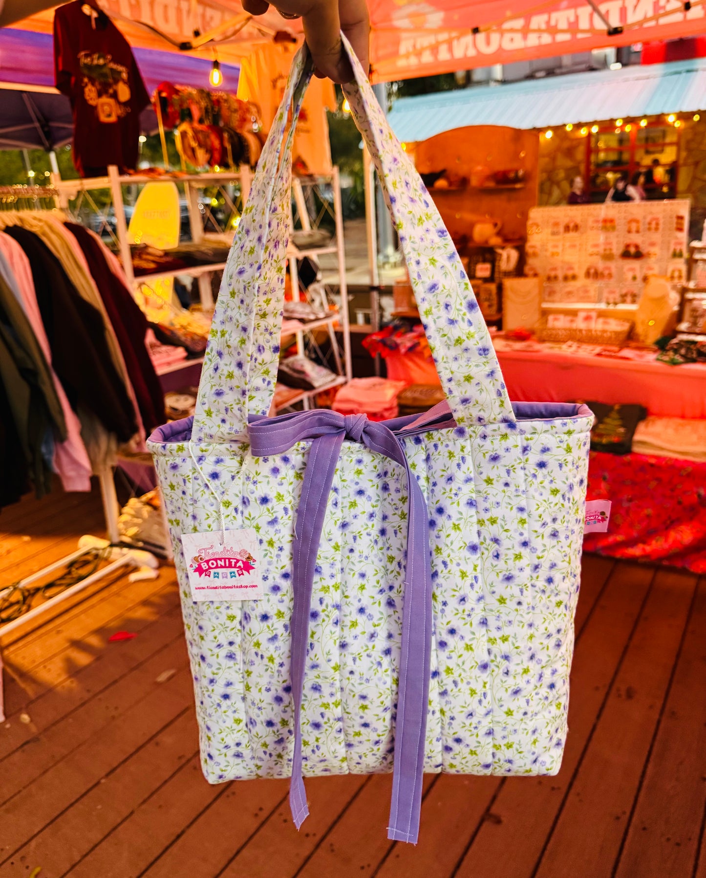 Purple floral quilted tote bag