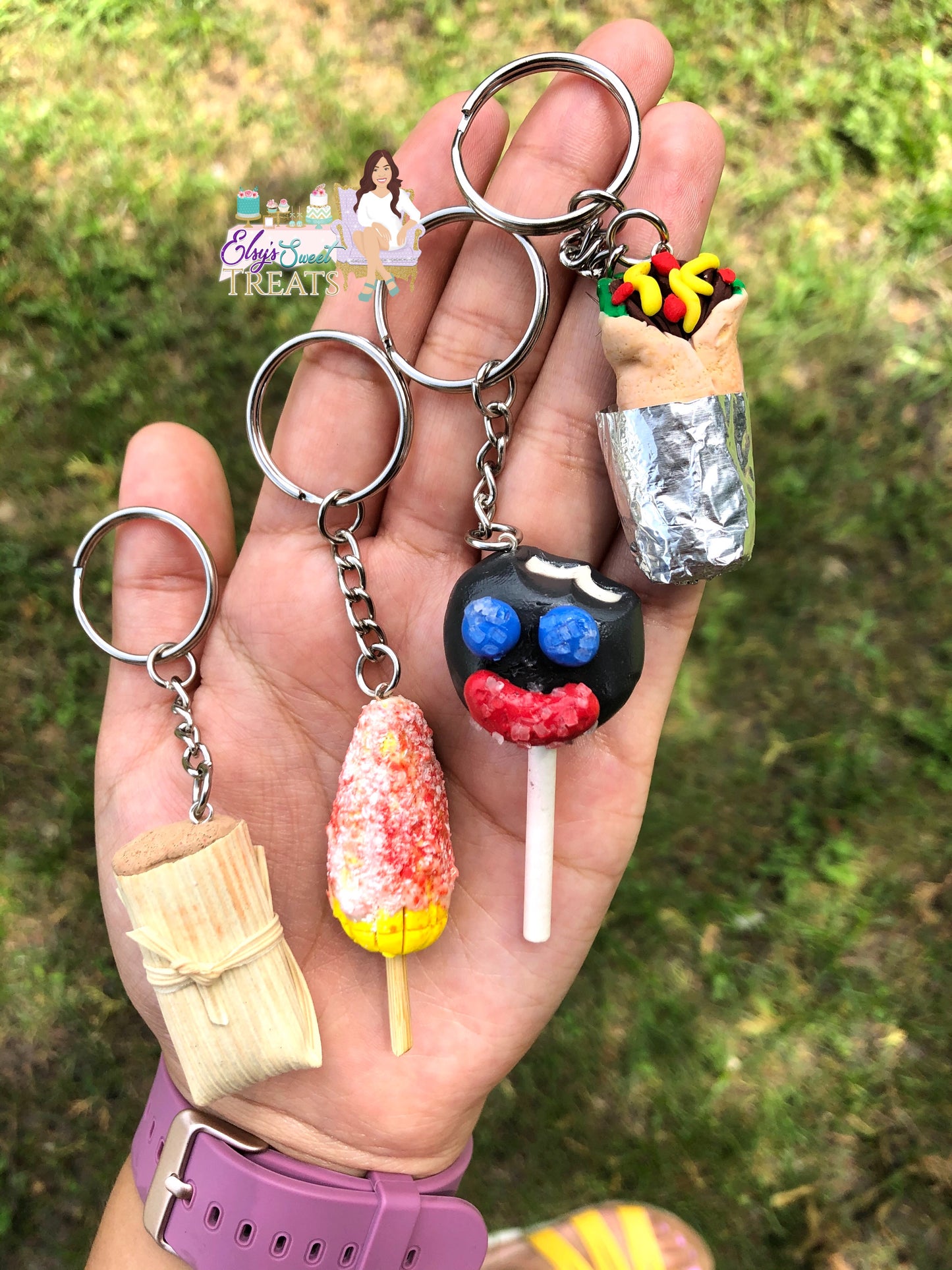Tamale, Elote, Paleta Payaso, and burrito keychain