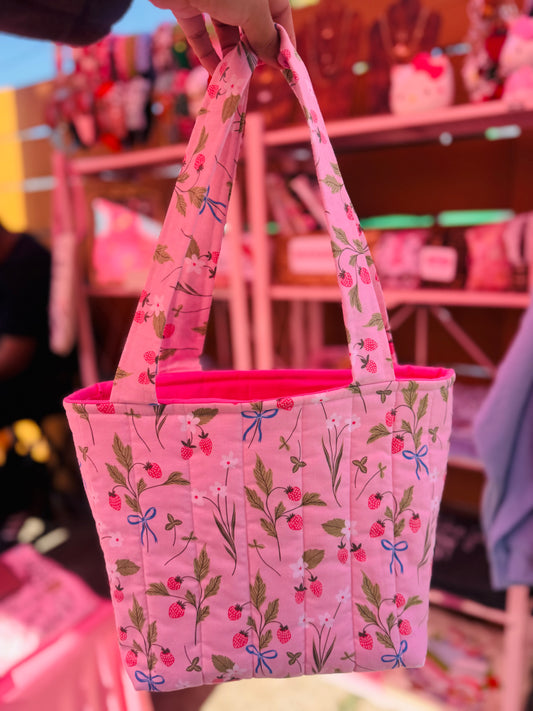Strawberry floral quilted tote (with bow)