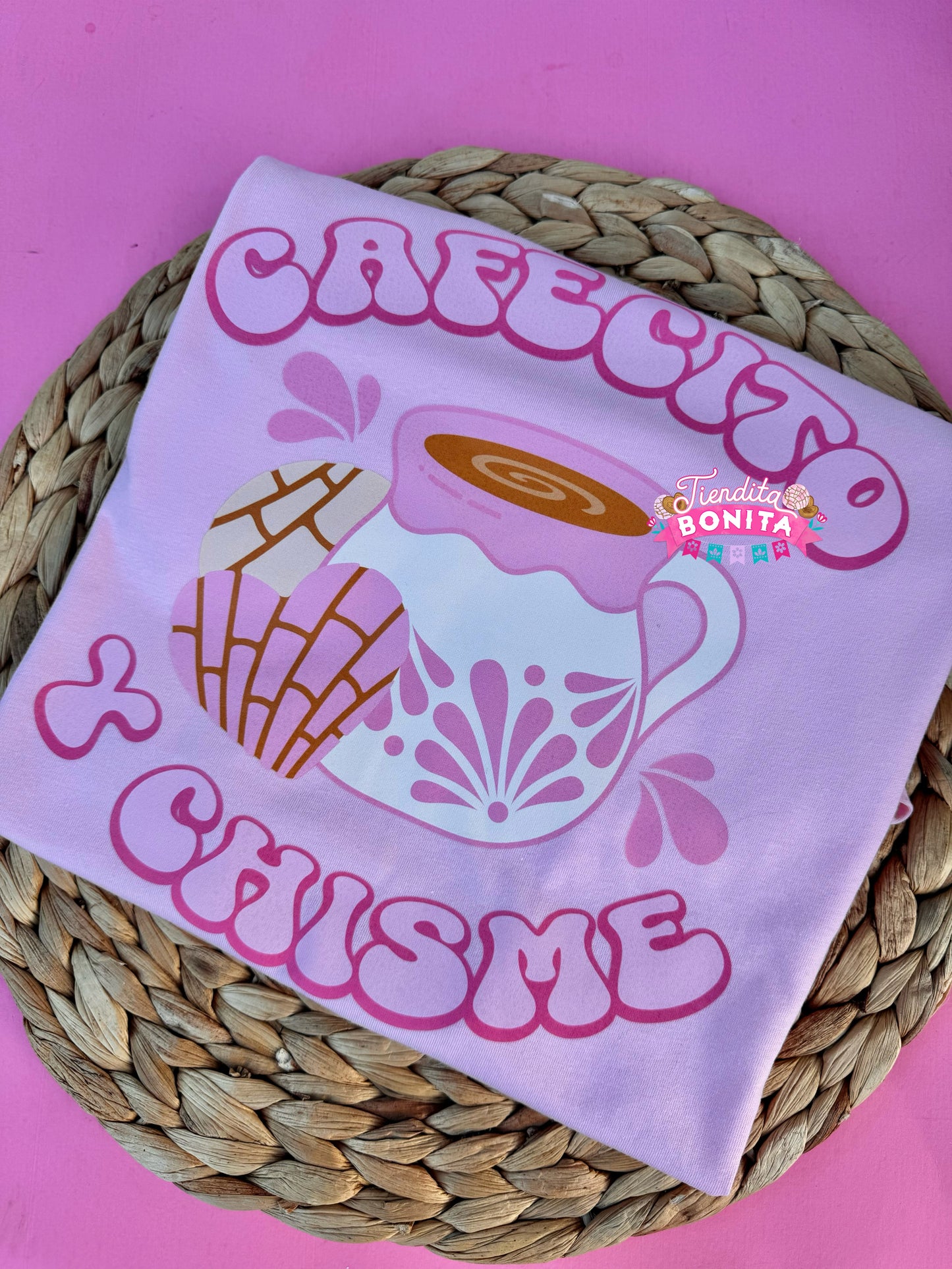 Pink cafecito y chisme t-shirt Talavera