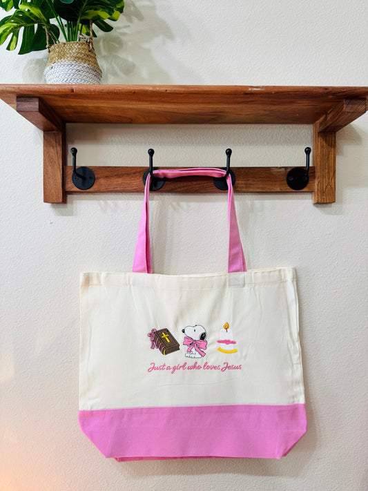 Just a girl who loves Jesus snoopy embroidered tote