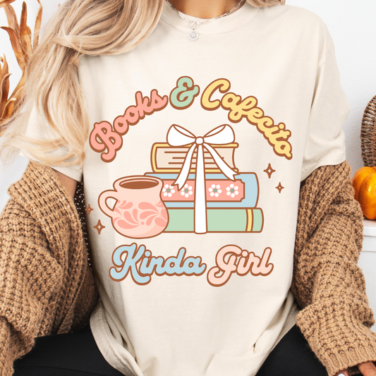 Books and cafecito kinda girl tshirt