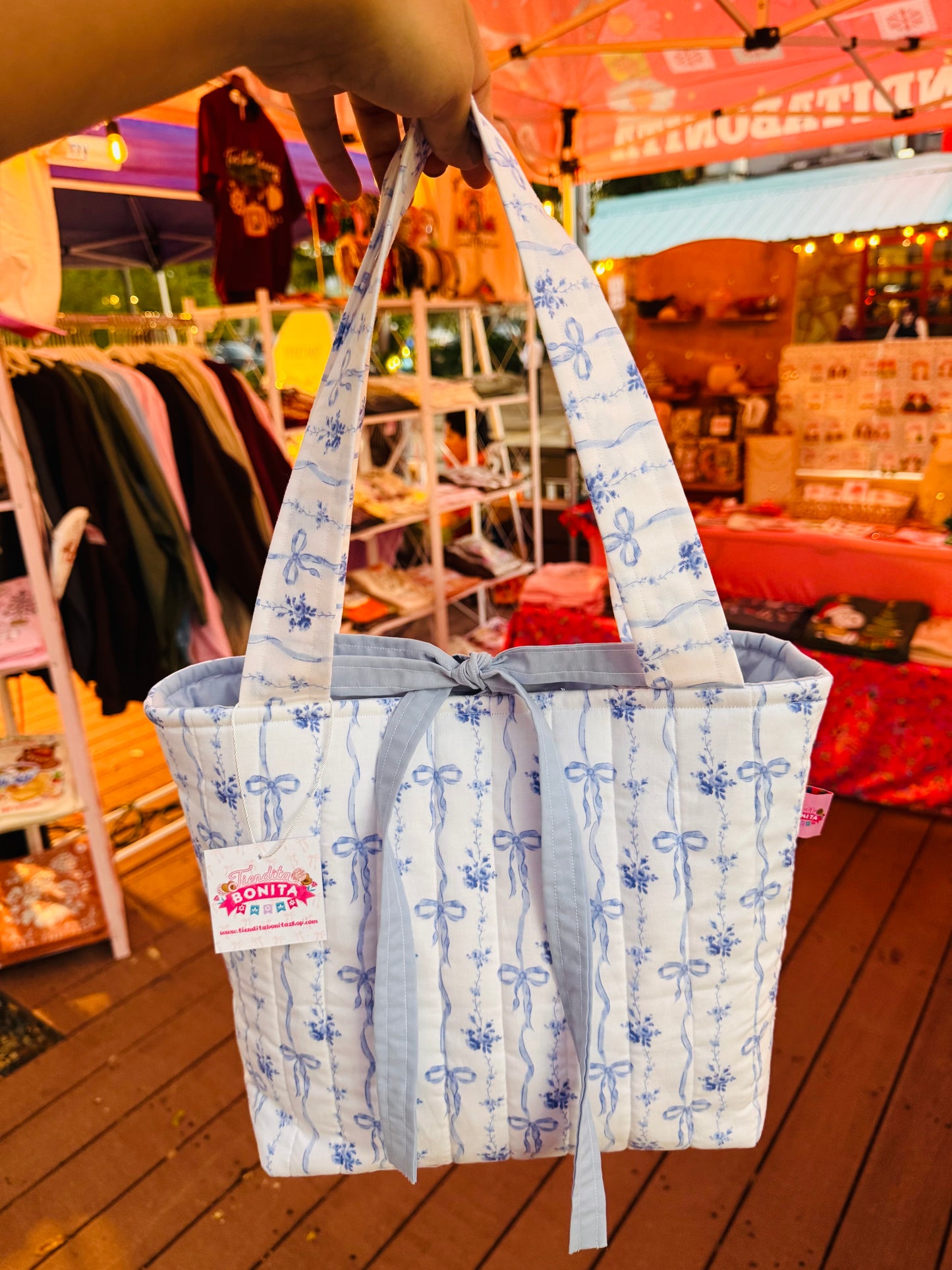 Blue coquette quilted tote bag