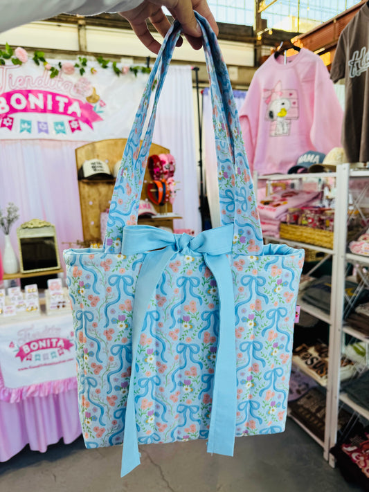 Blue floral coquette tote bag